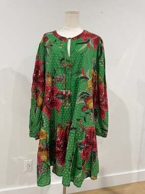 Farm Rio for Anthropologie Green Floral Embroidered Tunic Mini Dress